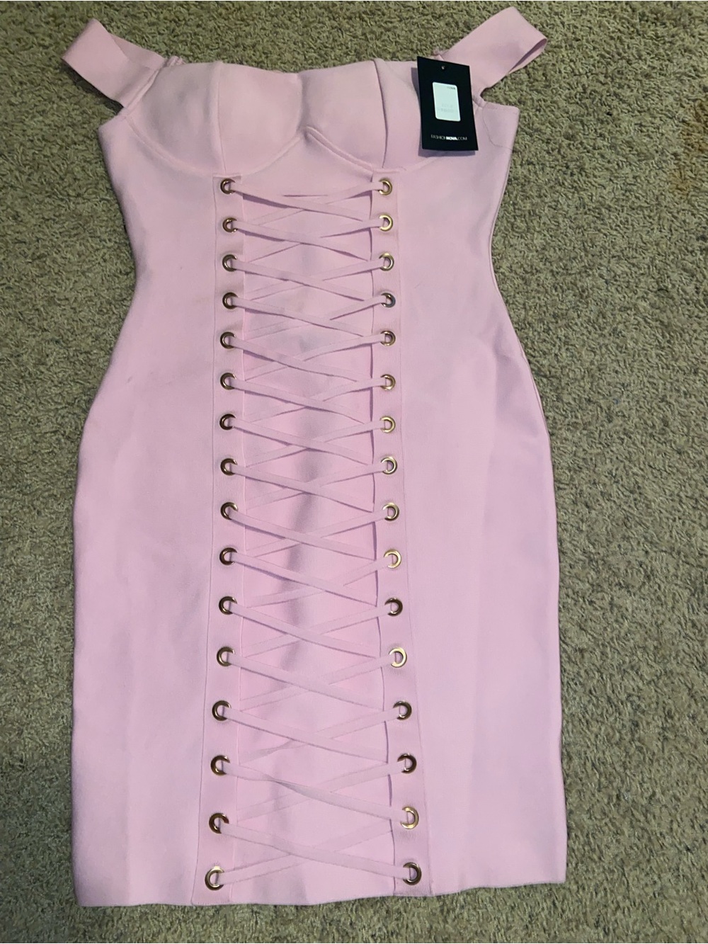 Fashion Nova Baby Pink Lace-Up Off-Shoulder Midi Dress